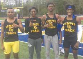 Kemper County’s 3200 relay team of (from left) William Brown, Sha’kanye Darden, Benqiez Winston and Sha’kenye Darden won 5-2A 3200 relay. Sha’kenye Darden also won the 800, with his twin brother second and Winston third.